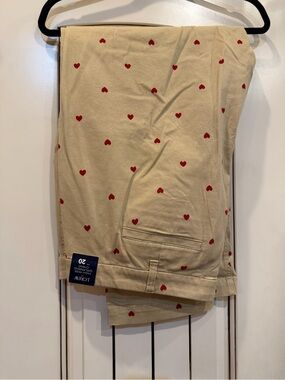 J. Crew Factory Beige Straight Leg Pants with Red Heart Print